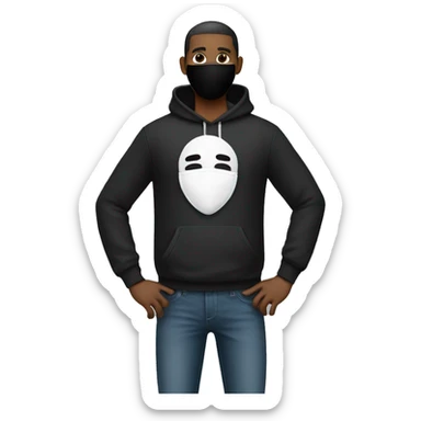 a man with tight stacked jeans that has a white tag sticking out and wearing a black hoodie with a face mask  sticker