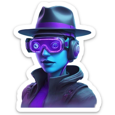 Secret human agent in a hat with  cyberpunk elements in Apple VR googles headset scanning looking reviewing multicolor lines of code, cyan and purple colors, only upper body portrait sticker