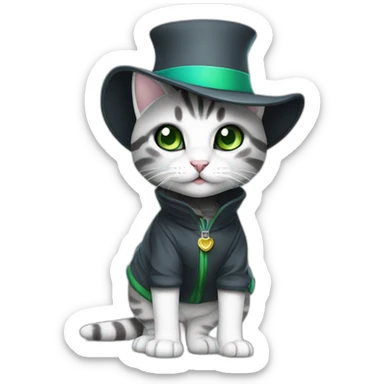 wearing a hat cuddly light white and grey domestic shorthair tabby with green and blue eyes black pupils, walking and playing wearing a cute costume female sticker