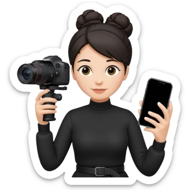 middle aged woman photographer with dark hair in a bun, wearing black clothes, carrying a canon r5 and an iPhone on a gimbal sticker