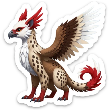 Winged hyper-realistic Feral Rare realistic edgy brown, white, red pretty beautiful handsome gorgeous aesthetic colorful vibrant Vernid-Trico-Silvally-Nargacuga-Gryphon-fusion-hybrid-species-Fakemon-creature by LiLaiRa, random markings, tufted ears, full body with snow-leopard-pattern-markings sticker