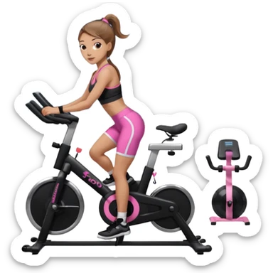 Light skin girl with long light brown hair in a pony tail, black workout set leaning on a indoor spin bike with NO HELMET, can we add a pink sports bra  sticker