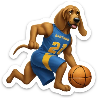 A blue and Gold bloodhound dunking a basketball! sticker
