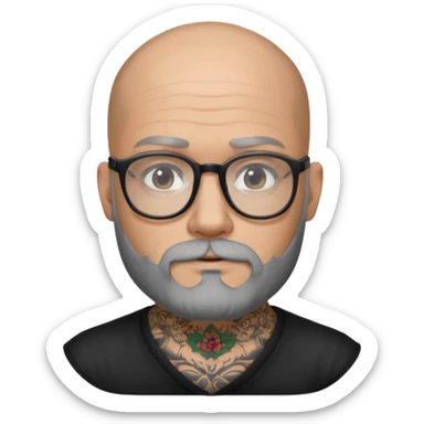 Bald man with salt and pepper beard and glasses and tattoos sticker