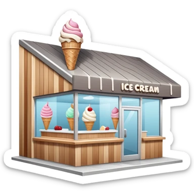 ice cream store at an angle, modern building wood, gray, white materials modern, at an angle sticker