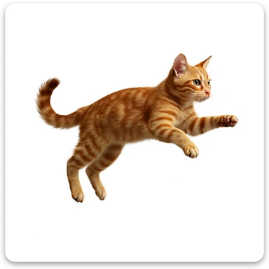 Transform the jumping European shorthair cat into a realistic tabby cat with detailed realistic fur, maintaining the energetic pose and a white background. sticker