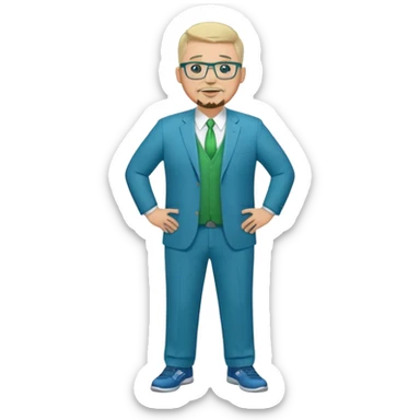 Full Body white male plus size wearing glasses with a goatee with light blonde and gray very short hair happy basketball head Coach in blue and green suit sticker