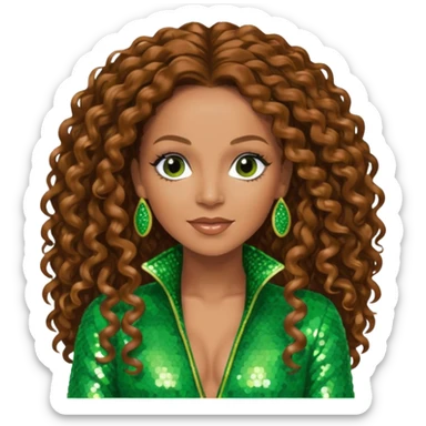 Mel B from Spice Girls with long brown curly hair, green sequin outfit sticker