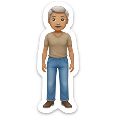 Clothed mature man standing, facing viewer, holding his crotch sticker