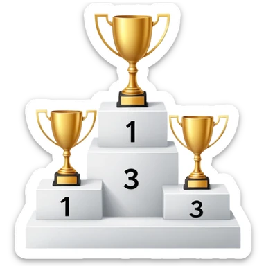 Create an emoji of a podium with three levels. The first place should have a golden trophy, the second place should have a silver trophy, and the third place should have a bronze trophy. The trophies should be placed on white pedestal platforms, with the numbers 1, 2, and 3 clearly visible on each base. The style should be clean, modern, and minimalist sticker