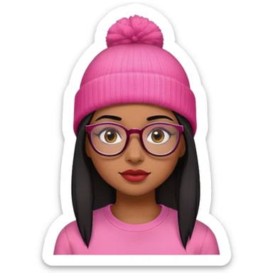 Brown girl with black straight hair wearing  pink beanie and red shirt with natural looking makeup and glasses  sticker
