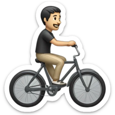 white skin men with short black hair riding a funny and miniature toy bicicle sticker