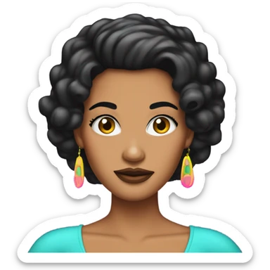 Tanned woman with black hair dressed in 1990s pop princess hair, makeup, and neon attire  sticker