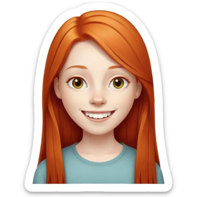 traditional emoji of young girl with very pale skin, long straight bright ginger red hair, elongated oval face, normal-sized human eyes positioned naturally, wide nose, friendly big smile with very large prominent teeth, less intense expression sticker