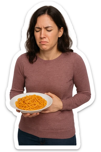 DONNA FITNESS CON PIATTO DI PASTA IN MANO E MAL DI PANCIA, FA FATICA A DIGERIRE sticker