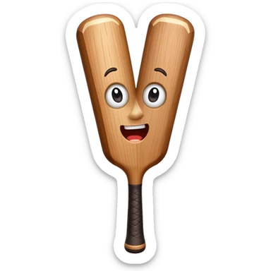 Brown wooden baseball bat character with a tiny surprised face sticker