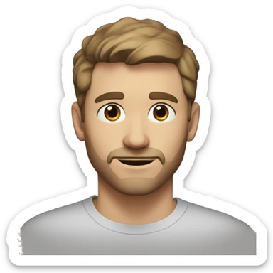 A head and shoulders shot of a 32 year old White man, with short brown hair, with none facial hair,   with brown eyes wearing a t-shirt. sticker