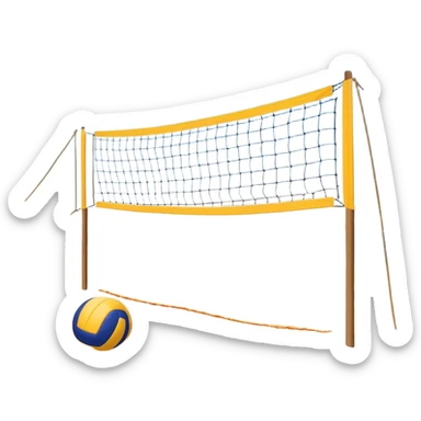 A beach volleyball net set up on the sand, with a volleyball hovering above it. The scene captures the action of a game in progress, with the sun shining brightly, beach sand stretching out, and the ocean visible in the background. sticker
