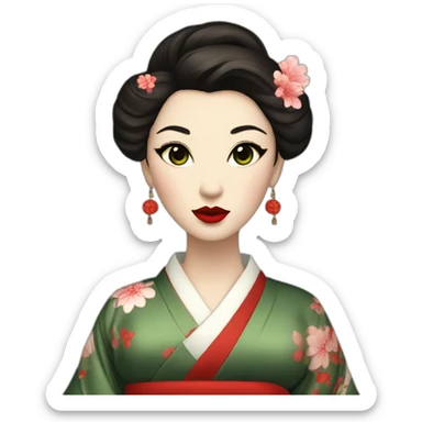 woman dark Brown hair dark Green eyes red lips geisha sticker