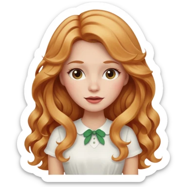 white woman  with strawberry blonde super long wavy hair, white skirt, blushed cheeks sticker