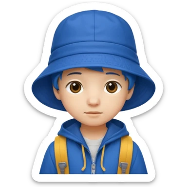 Little student wears blue bucket hat and jacket, backpack, shy sticker