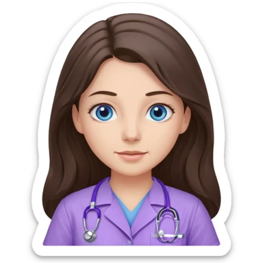 pretty brunette nurse with long hair and blue eyes in lilac scrubs sticker