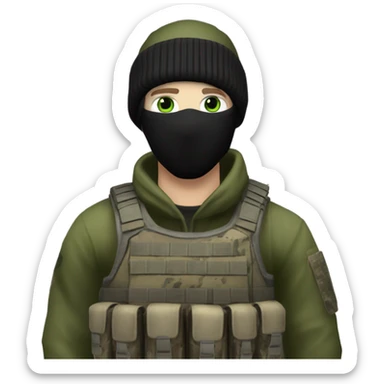 white male, pale skin, call of duty black mask, green camo tactical gear, combat boots, black beanie, hazel eyes sticker