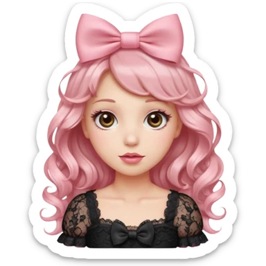 “Emoji girl, doe eyes, long fluttery lashes, soft pink blush, glossy rose lips, ribbon hair bow, romantic curls, wearing lace top.” sticker