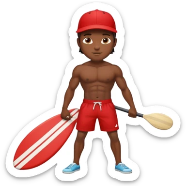 Dark, muscular surfer wearing red shorts and a baseball cap Hawaii sticker