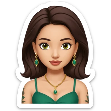 pretty bratz genmoji that looks like tamannah bhatia (bollywood actress), wearing a dark green sweetheart neckline top, dark brown hair, light makeup, no necklace, dangly earrings, side hair part, dark brown eyes, with full tattoos sticker