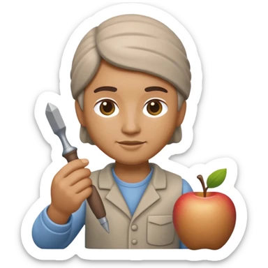 Apple Memoji-style 3D emoji of a sculptor with a small statue and chisel, smooth gradients, rounded edges, no background.during sculpting rock sticker