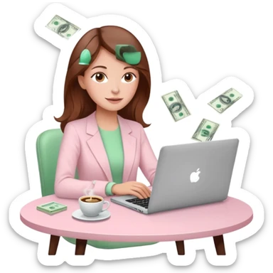  woman character dressed in pastel light pink with laptop and coffee relax table, dollars are floating, white laptop, brownn hair, fair skin,  sticker