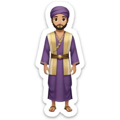 
-Apariencia: Joven de unos 25-30 años, atractivo,.
-Rostro: Ojos oscuros, piel ligeramente morena, rasgos árabes finos.
-Cabello: Negro, algo rizado o suelto, con barba fina.
-cuerpo entero  puede llevar una túnica más oriental, con faja y turbante sencillo con sandalias sticker