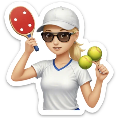 Girl with blond hair in a ponytail wearing a white baseball cap and sunglasses playing pickleball sticker
