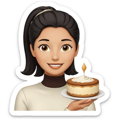  tan skin woman with long face, and short black hair slicked back ponytail with forehead showing, wearing white turtleneck shirt, eating tiramisu smiling with middle parted hair sticker