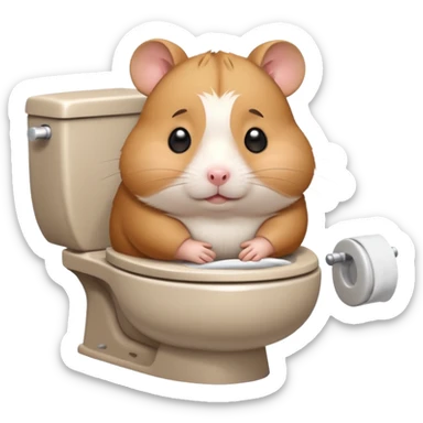 Cute chubby cartoon-style hamster sitting on toilet looking as if he had an accident, sticker-style illustration sticker