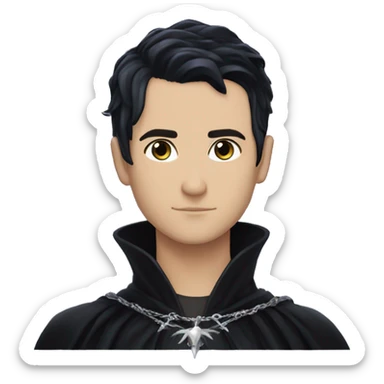 Rhysand has straight short blue-black hair, like a raven's feathers and violet/purple eyes, he wears a black cloak and a black and silver crown sticker