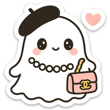 Make the ghost's beret black and the Chanel purse pink, keep the style cute and chic, with no background. sticker