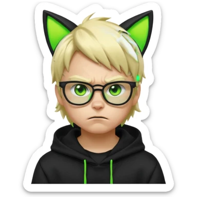 A blond hacker boy with black glasses and a black hoodie with neon green cat ears, cyberpunk style, angry expression, intense glowing green eyes, dark dramatic lighting sticker