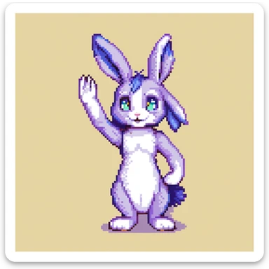 furry anthro male bunny with purple hair, blue eyes, purple and white fur, pixel art style, waving sticker