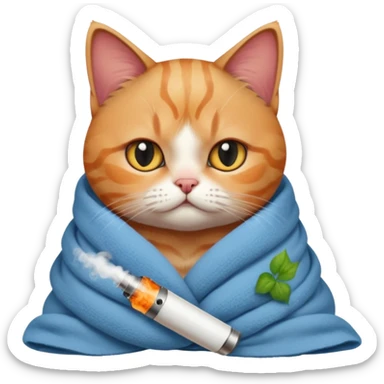 A cute sad British cat is wrapped in a blanket and will buy an electronic cigarette sticker