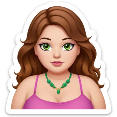 Baddie bratz girl with middle parted long wavy brown hair. green eyes. Plus size. Pink spaghetti strap top. Black eyeliner sticker
