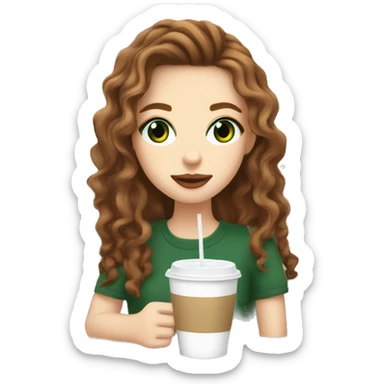 aesthetic white girl with brown wavy hair and green eyes sipping an iced americano in a cute coffee shop  sticker