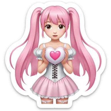 girl with very long light pink straight hair in pigtails and bangs, dark brown eyes, wearing an only white corset dress holding a big light pink heart with both hands sticker