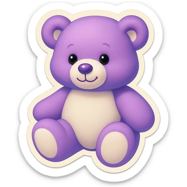 Remove the glitter effect from the purple and white teddy bear's fur, keep it soft and plush, no shadows, flat lighting, no background. sticker
