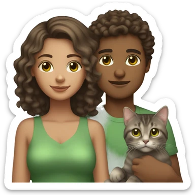 a girl with tan skin and brown curly hair and brown eyes and her boyfriend with short brown hair and brown eyes holding a grey tabby cat with green eyes sticker