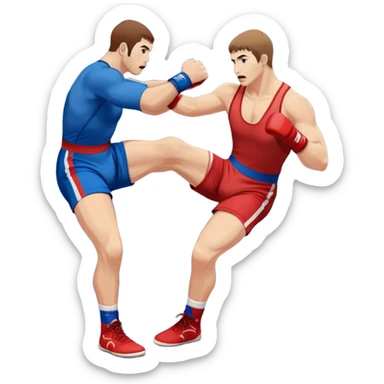 Two Sambo fighters in blue and red gis with shorts and wrestling shoes, executing gripping and throwing techniques. The fighters are engaged in a dynamic, action-packed moment with no strikes. The background features a wrestling mat, focusing on the technique and control. Transparent background  sticker