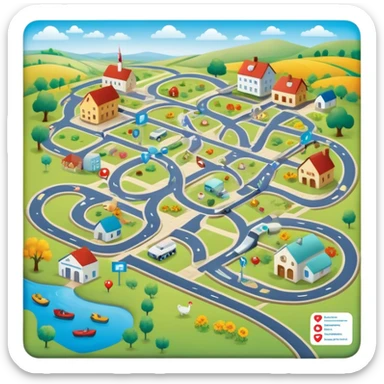 journey on a game board about Type 1 diabetes and aging with footpaths in a countryside, no roads (hospital, places to live, advocacy, physical changes, to share knowledge and ways of coping, energetic with text: T1D to 100 and subtext Aging with Type 1 diabetes, easy for seniors to see sticker