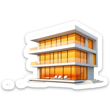 ultra-modern villa, sleek architecture, large windows reflecting a yellow and orange sunset sticker