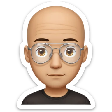 Latino man with small oval face and big forehead, clear lens aviator-style eyeglasses with metal frames, completely bald/shaved sides with very short curly dark hair only on top of head, neutral-friendly expression, light brown skin, wearing a black t-shirt sticker